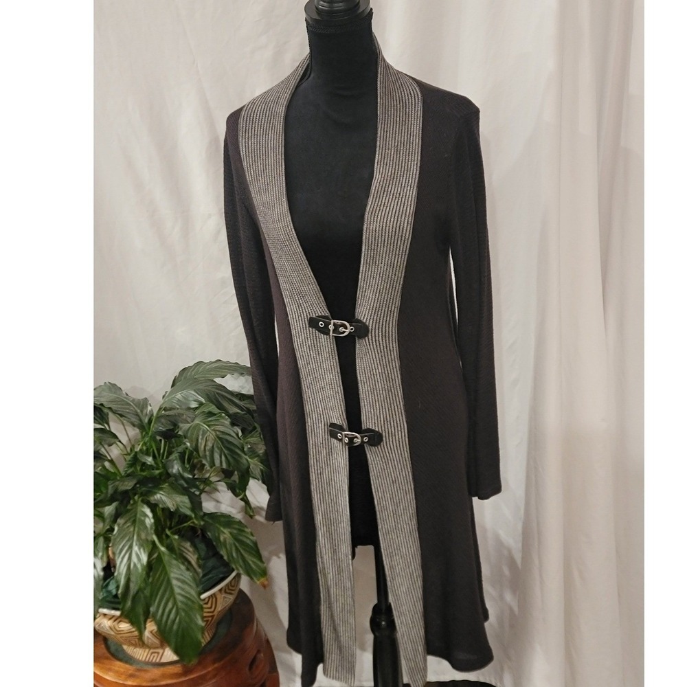 Simply Noelle Womens Longline Cardigan Sweater Black Buckle Front Duster S/M